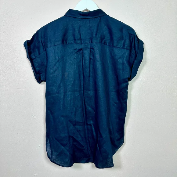 LAUREN RALPH LAUREN Navy Linen Short Sleeve Buttondown Shirt, Petite Medium - Picture 2 of 7